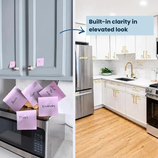 Labels for Home are clear visual cabinet labels with words and icons, shown replacing handwritten sticky notes in a kitchen