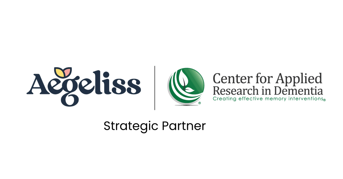 Aegeliss and CARD Partner to Bring Montessori Dementia Tools and Activities into Homes and Care Communities logos in blue and green, with leaf emblems and a divider