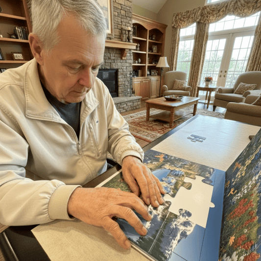 2-in-1 adaptive jigsaw puzzle featuring breathtaking mountains, designed as an engaging activity for dementia patients with 12 pieces in a portable book format