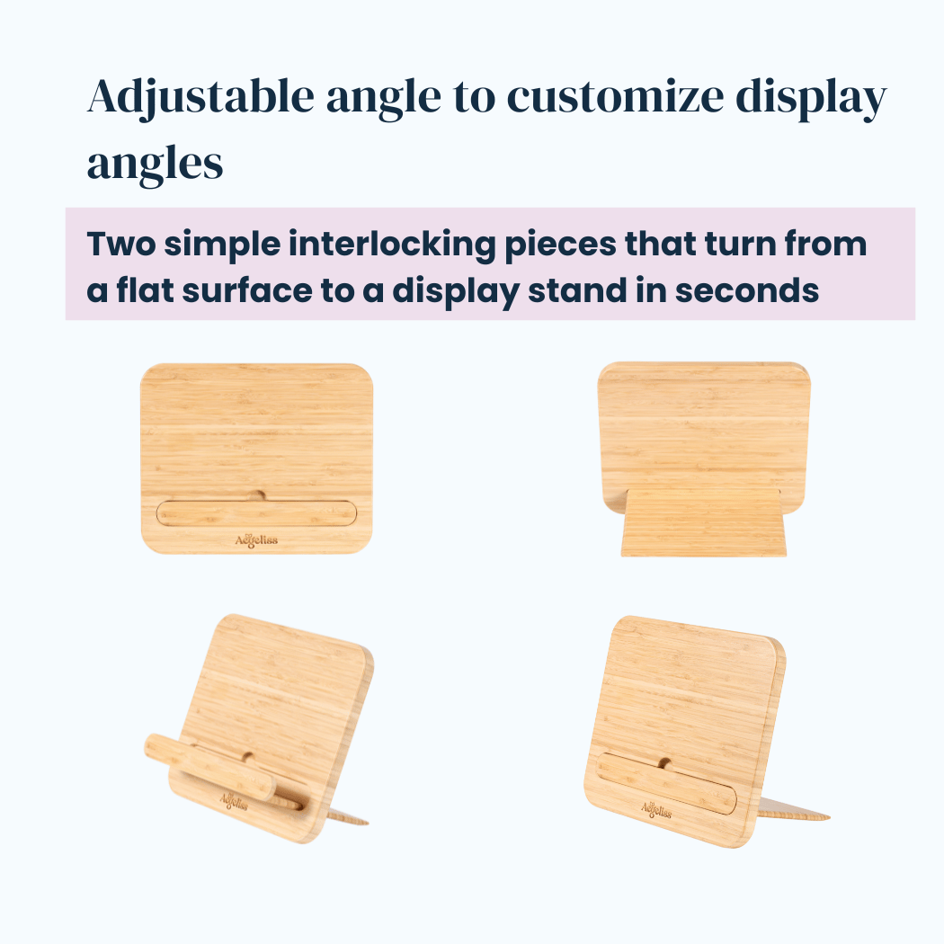 Adjustable stand with ergonomic angle and interlocking joints for tabletop display and support