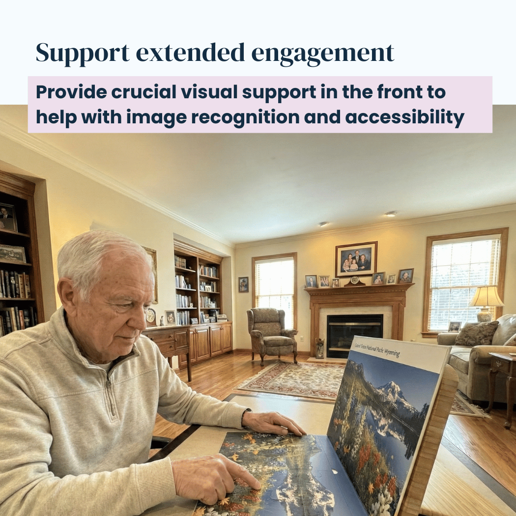 Display Stand with a wooden frame holding a large landscape puzzle upright as an older man works on it