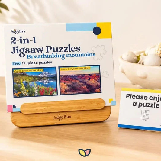 Jigsaw puzzles for seniors, two 12-piece mountain park scenes in a colorful box with a wooden display stand