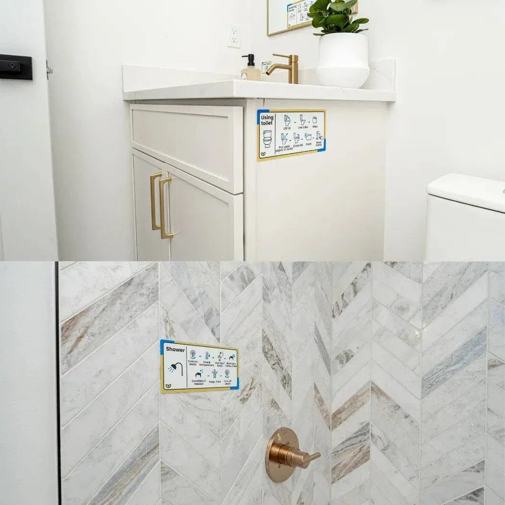 Labels for Home are shown as white routine signs with blue borders, words and icons attached to a bathroom vanity and shower wall.