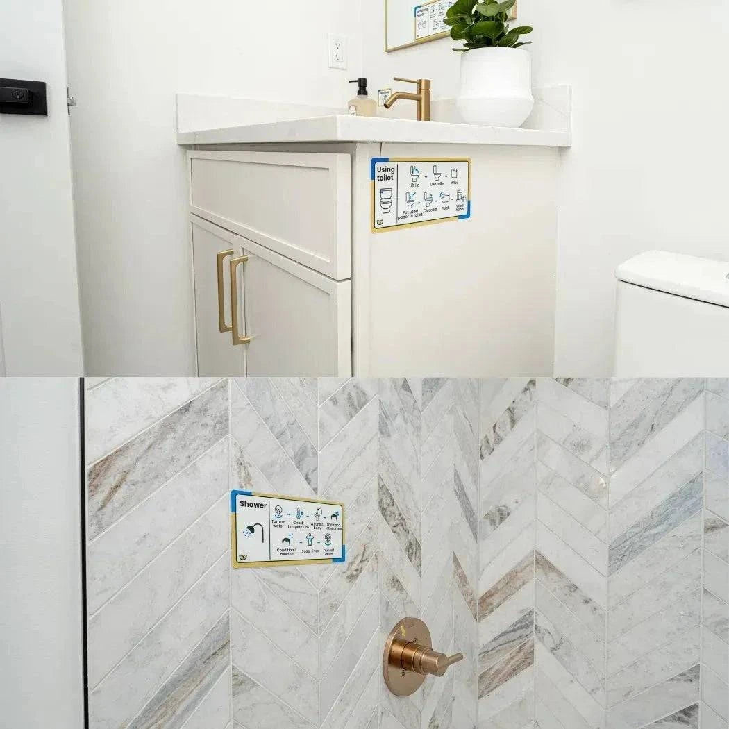 Labels for Home visual routine labels with blue borders, black text and simple icons on bathroom cabinetry and shower tile