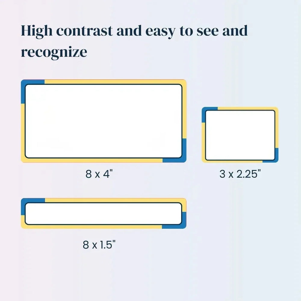 Labels for Home in blue, yellow and white, featuring blank rounded rectangles in three high-contrast sizes