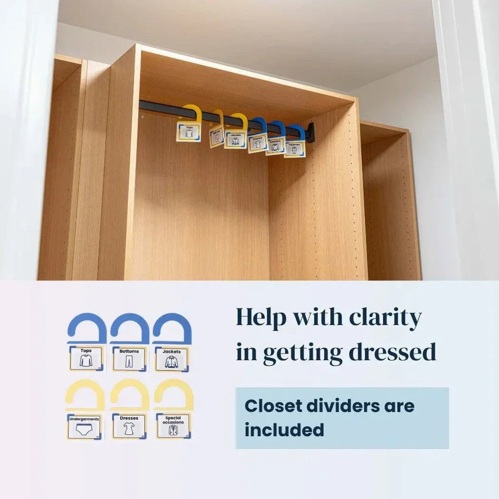 Labels for Home closet divider set in blue and yellow, with illustrated clothing icons and matching wooden wardrobe dividers
