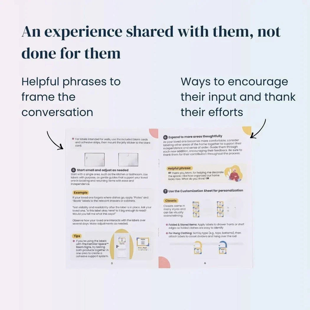 Labels for Home guide with printed examples, helpful conversation phrases and ways to encourage input and effort
