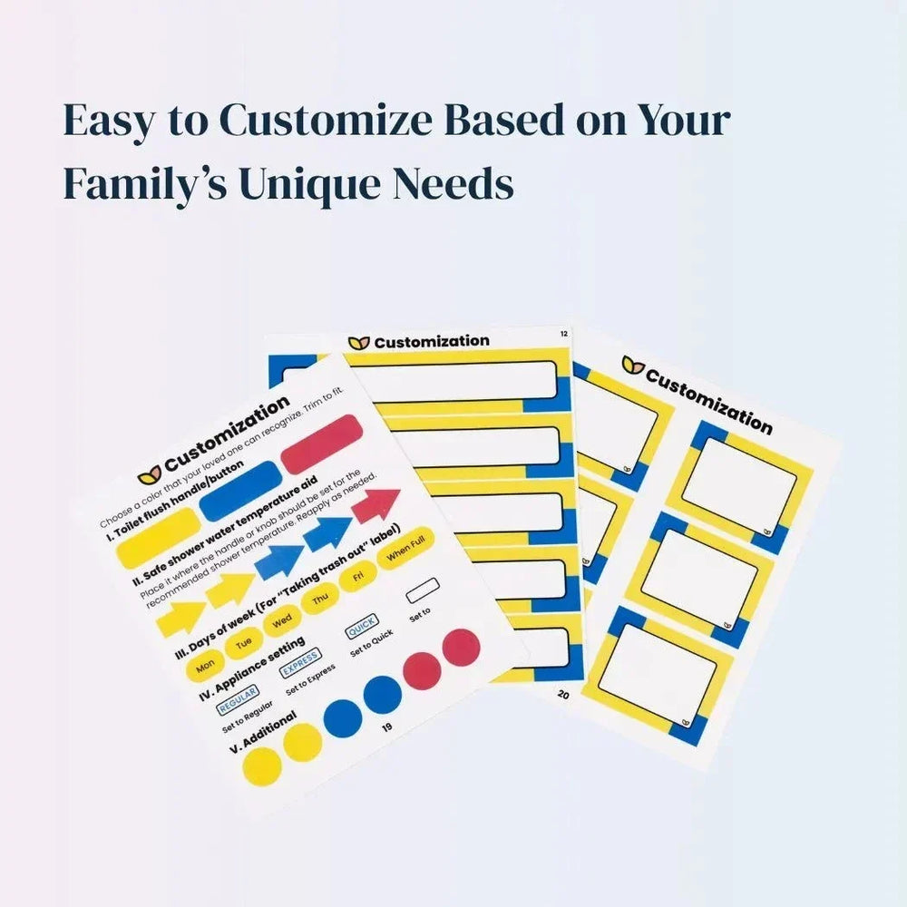 Labels for Home customization sheets in yellow, blue and white, with blank fields and colorful household routine stickers