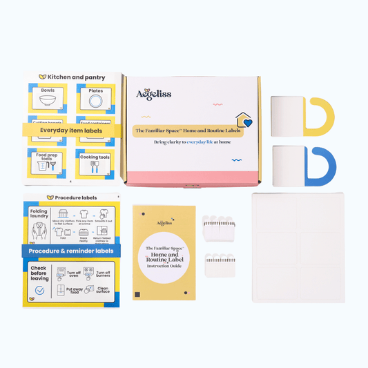 Labels for Home set with colorful illustrated routine sheets, instruction booklet, closet dividers, and blank cards