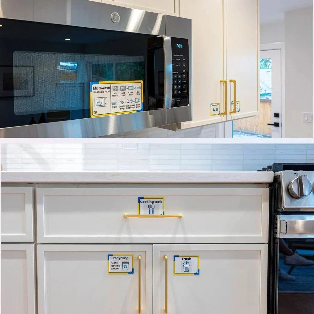 Labels for Home with clear words and icons identify a microwave, cooking tools, recycling and trash in a kitchen