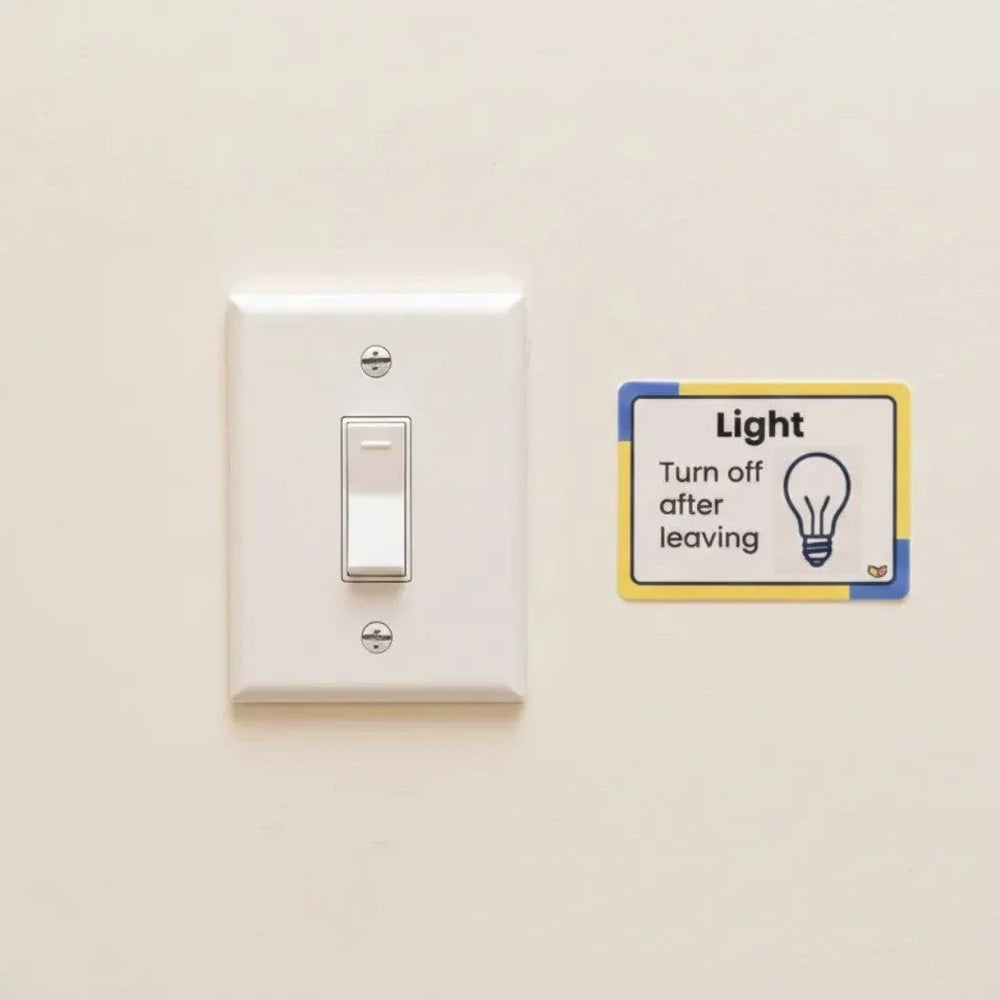 Labels for Home reminder label with a yellow border, black text reading “Light, Turn off after leaving,” and a bulb icon