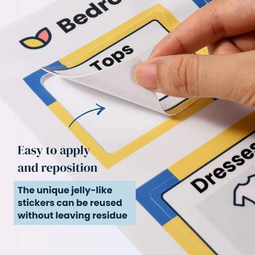 Labels for Home shown as reusable blue and yellow clothing labels with black text, icons and a peelable sticker corner