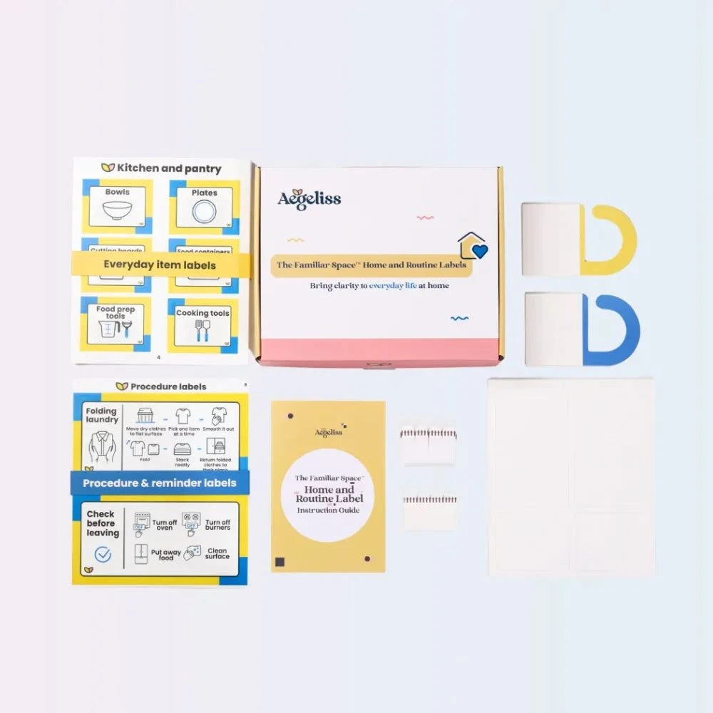 Labels for Home routine set with colorful illustrated kitchen, pantry and procedure labels, plus pink packaging and lettered cards