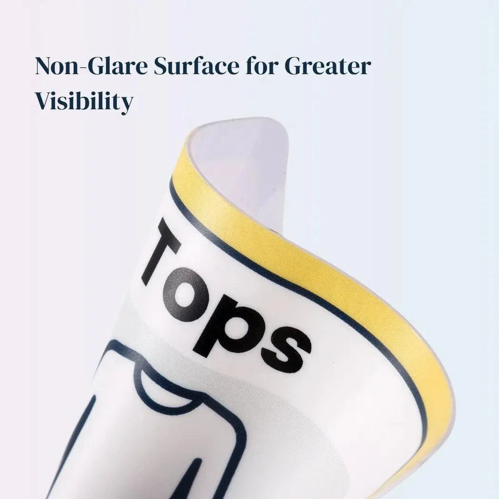 Labels for Home featuring a white non-glare label with bold black “Tops” text, a clothing icon and yellow edging