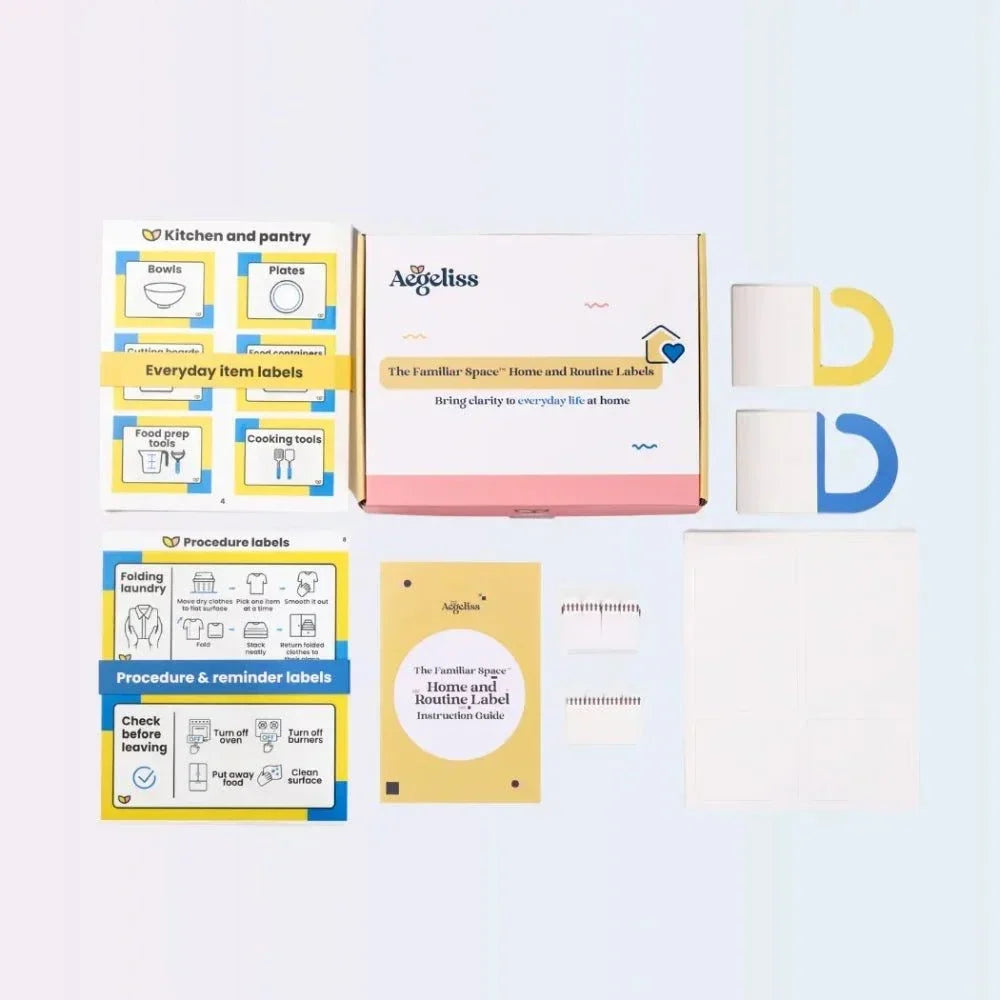 Labels for Home visual label kit with yellow and blue routine stickers, icon cards, packaging and adhesive strips