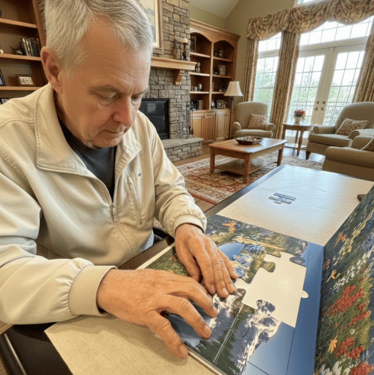 Older adult completing a large piece jigsaw puzzle as a meaningful senior living activity